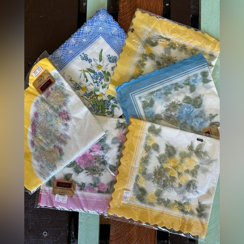 cottagecore floral vintage yellow, blue and pink rice, paper napkins